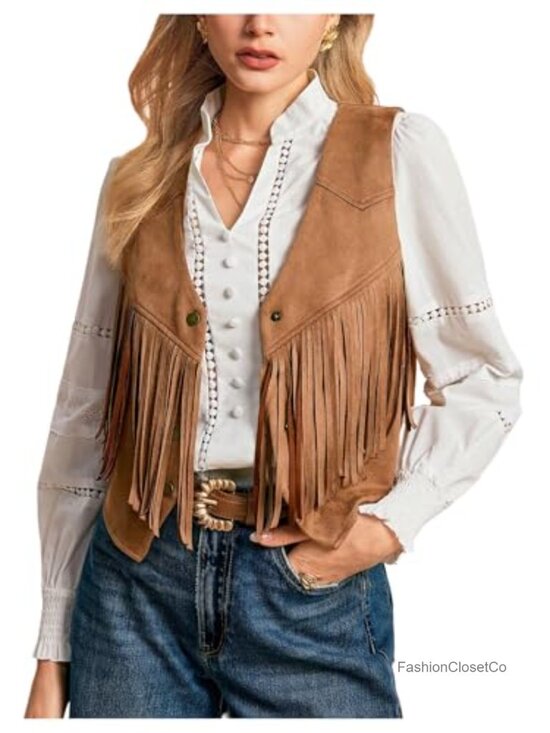 Jackets & Blazers - Women's Faux Suede Fringe Vest Sleeveless Cropped Cowgirl Western Button Jacket